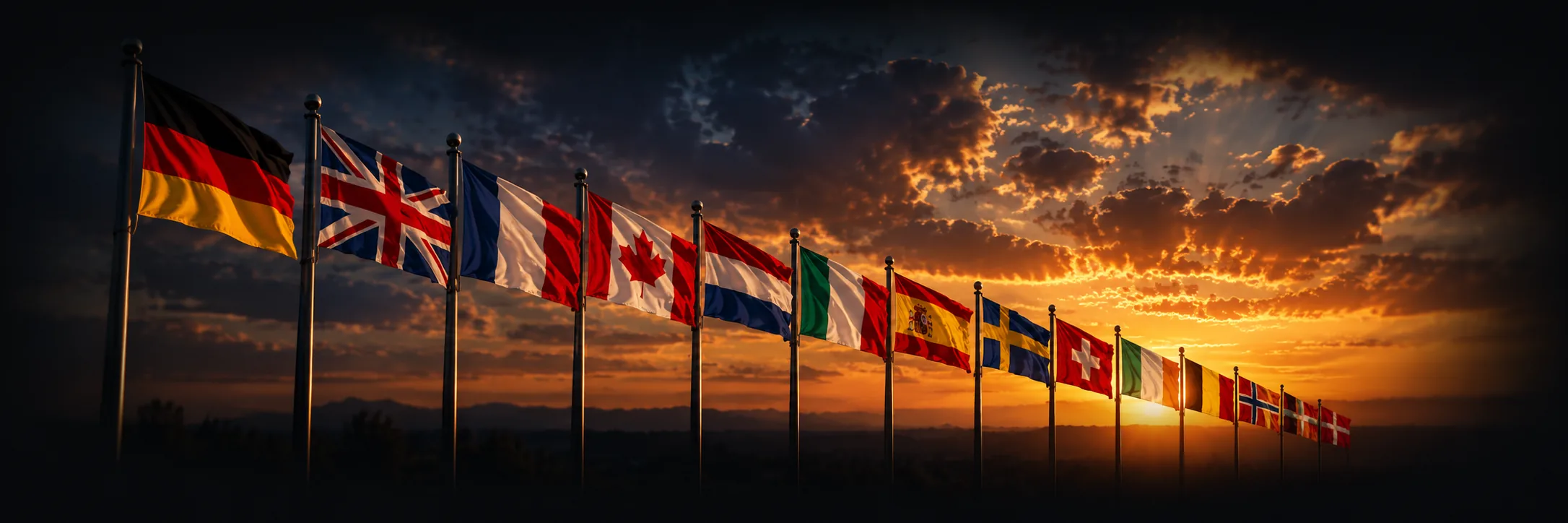 International flags at sunset with feathered edges